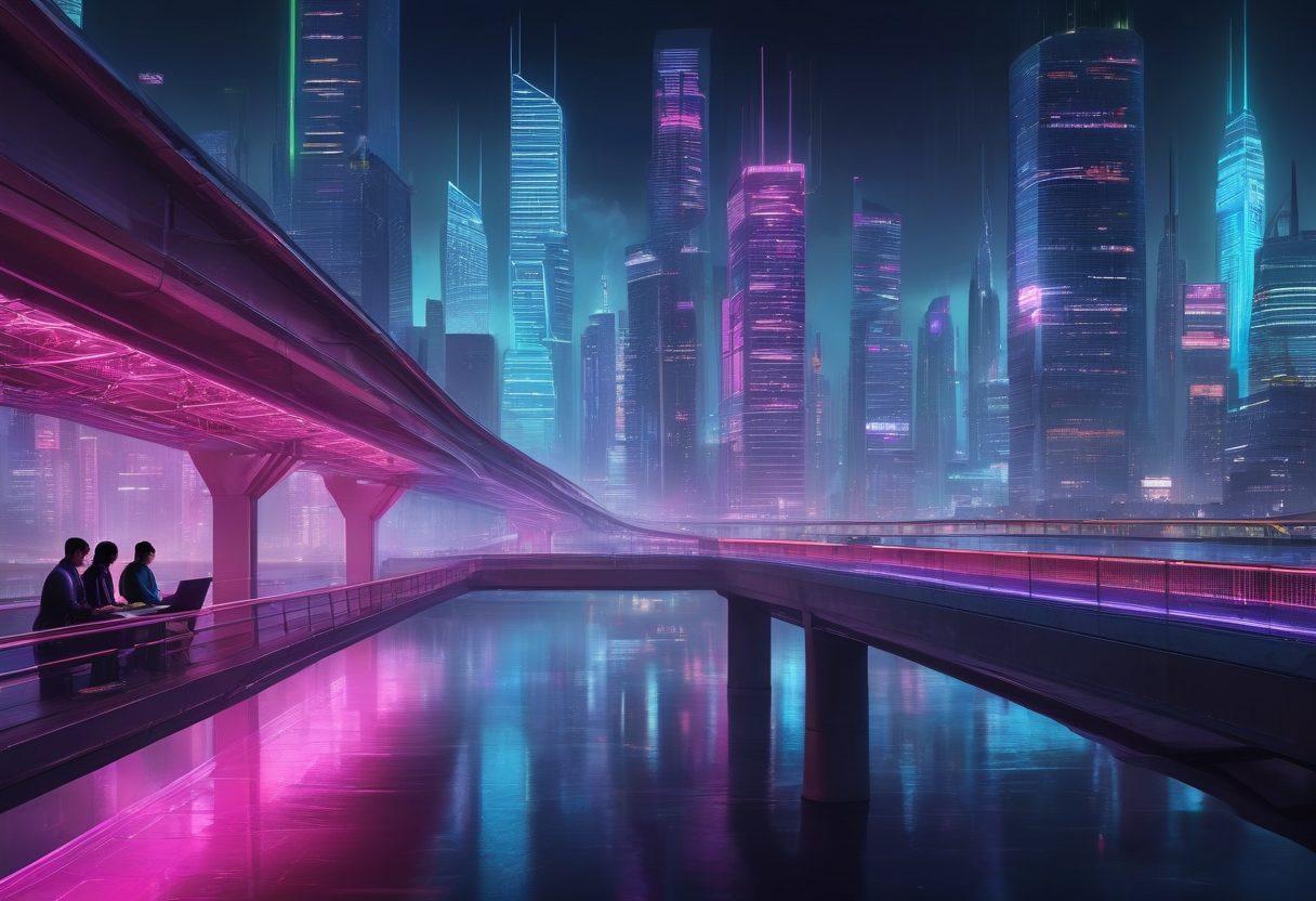 A futuristic cityscape with a digital bridge made of glowing binary code, connecting two modern buildings where diverse people are collaborating using innovative desktop software on their laptops. The scene is filled with vibrant colors depicting technology and communication, showcasing relationships being built in a digital age. super-realistic. vibrant colors. cyberpunk.