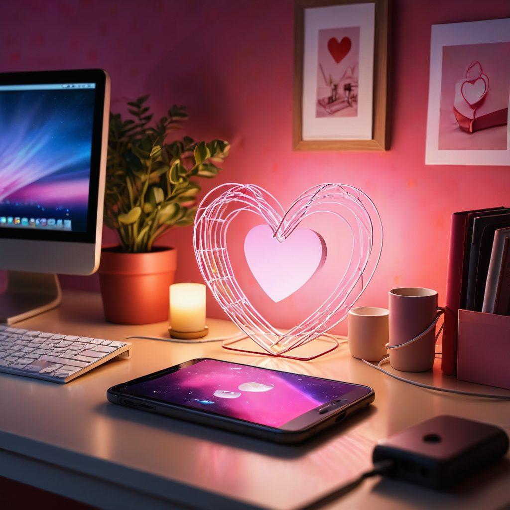 A heart-shaped smartphone surrounded by glowing app icons representing love and connection, set against a cozy desktop computer with a warm, inviting workspace. Soft pink and red hues dominate the scene, with subtle technological elements like circuit patterns integrated in the background. An ethereal glow emanates from the phone, symbolizing the fusion of technology and emotion. super-realistic. vibrant colors. warm lighting.